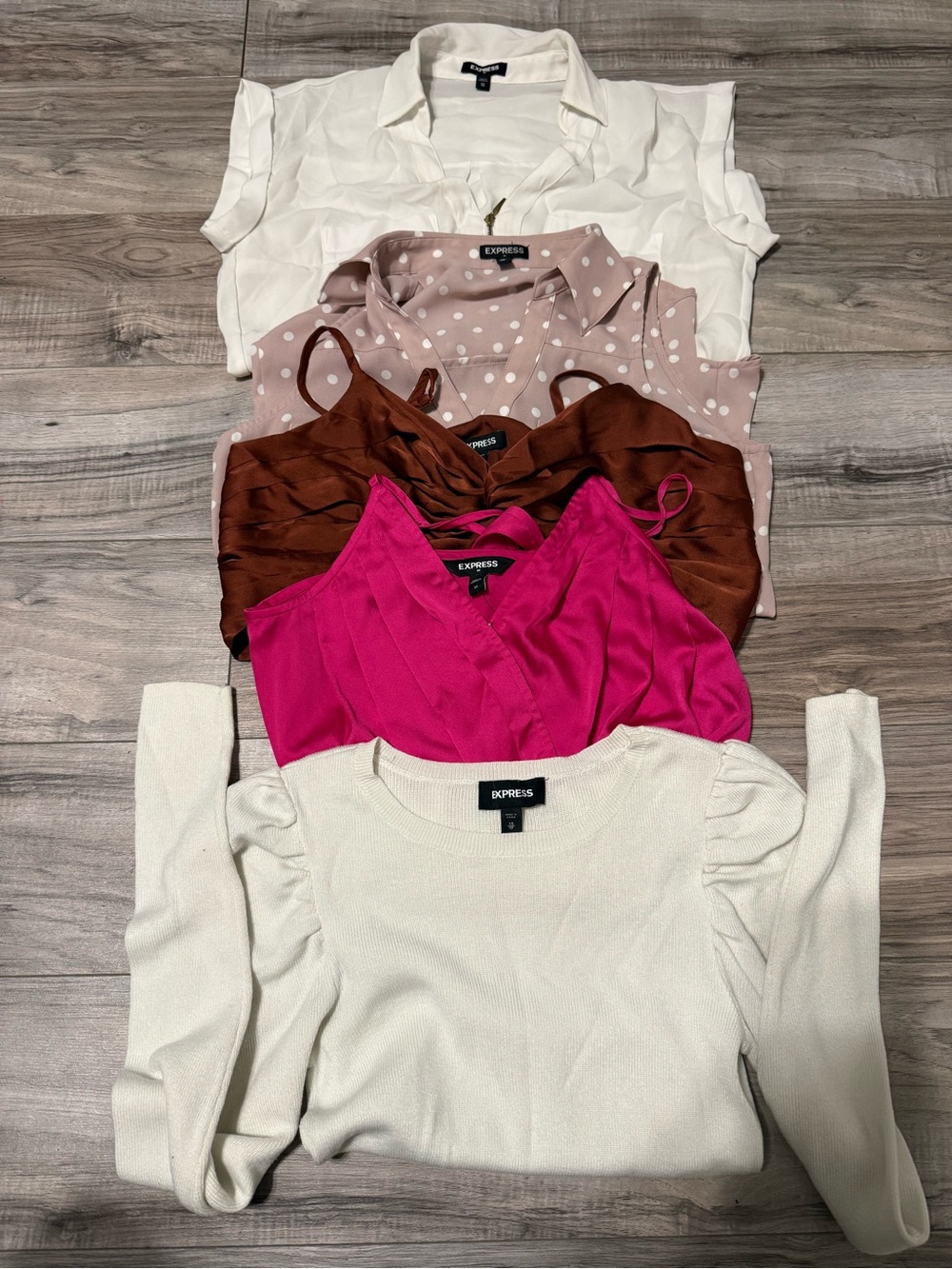 5 Express Women's Tops Set - White, Light Pink Polka Dot, Brown, Hot Pink